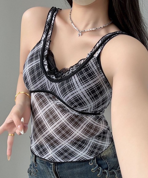 Vipoa(ヴィポア)の「Check sheer camisole(キャミソール・レディース・イエロー/レッド/ピンク/ブルー/グレー・FREE)」の2枚目の写真