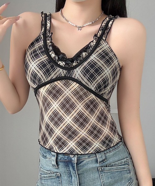 Vipoa(ヴィポア)の「Check sheer camisole(キャミソール・レディース・イエロー/レッド/ピンク/ブルー/グレー・FREE)」の4枚目の写真