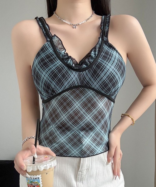 Vipoa(ヴィポア)の「Check sheer camisole(キャミソール・レディース・イエロー/レッド/ピンク/ブルー/グレー・FREE)」の11枚目の写真
