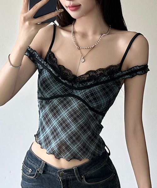 Vipoa(ヴィポア)の「Check sheer camisole(キャミソール・レディース・イエロー/レッド/ピンク/ブルー/グレー・FREE)」の15枚目の写真