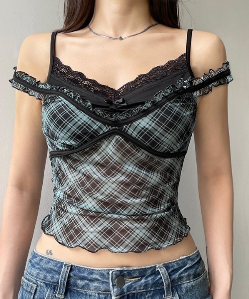 Vipoa(ヴィポア)の「Check sheer camisole(キャミソール・レディース・イエロー/レッド/ピンク/ブルー/グレー・FREE)」の7枚目の写真
