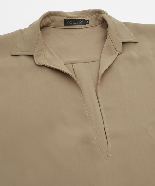 Crownor(クラウノアー)の「半袖 スキッパーシャツ(Tシャツ/カットソー・メンズ・チャコール/ベージュ・MEDIUM/LARGE)」の4枚目の写真