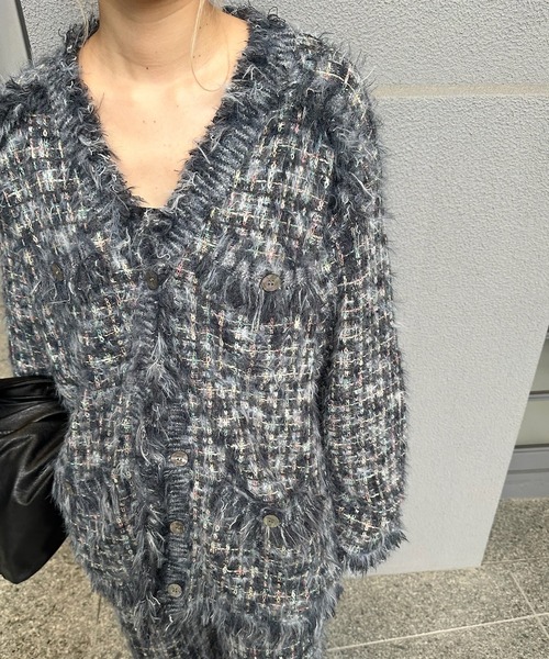 AMERI TWEED FRINGE KNIT CARDIGANグレーF新品 TWEED FRINGE KNIT CARDIGAN