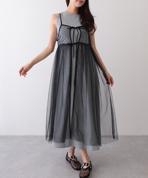 Lace Ladies(レースレディース)の「チュール フロントリボン キャミソール ロング ワンピース(ワンピース・レディース・ブラック/グレー/ホワイト・FREE)」の3枚目の写真