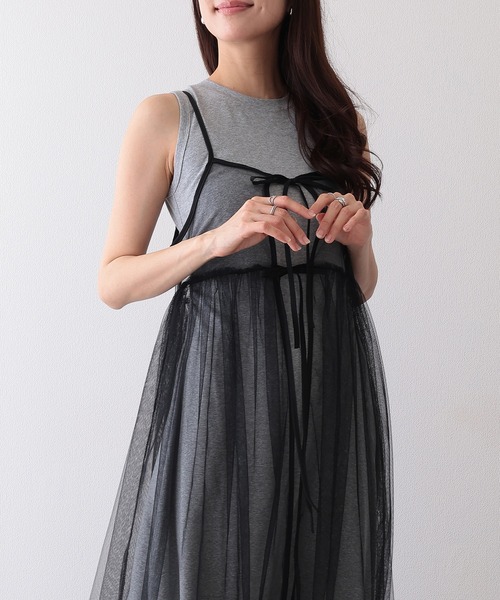 Lace Ladies(レースレディース)の「チュール フロントリボン キャミソール ロング ワンピース(ワンピース・レディース・ブラック/グレー/ホワイト・FREE)」の5枚目の写真