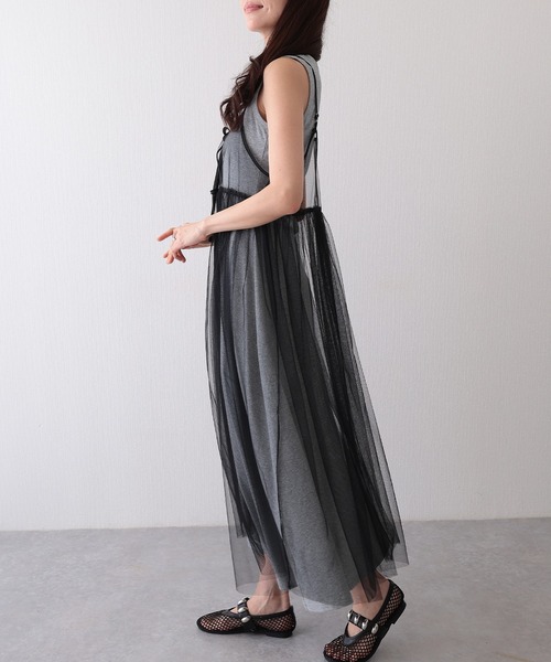 Lace Ladies(レースレディース)の「チュール フロントリボン キャミソール ロング ワンピース(ワンピース・レディース・ブラック/グレー/ホワイト・FREE)」の6枚目の写真