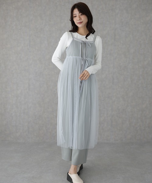 Lace Ladies(レースレディース)の「チュール フロントリボン キャミソール ロング ワンピース(ワンピース・レディース・ブラック/グレー/ホワイト・FREE)」の14枚目の写真