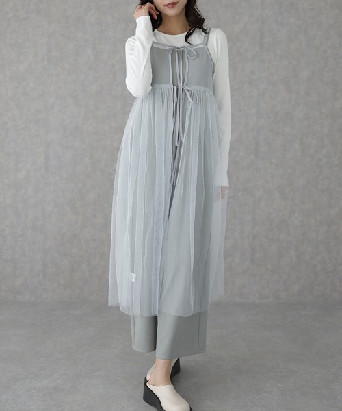 Lace Ladies(レースレディース)の「チュール フロントリボン キャミソール ロング ワンピース(ワンピース・レディース・ブラック/グレー/ホワイト・FREE)」の17枚目の写真