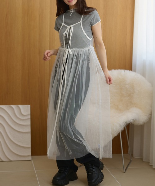 Lace Ladies(レースレディース)の「チュール フロントリボン キャミソール ロング ワンピース(ワンピース・レディース・ブラック/グレー/ホワイト・FREE)」の19枚目の写真