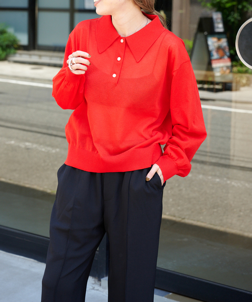 ハイゲージシアーロングスリーブニットポロシャツ（ニット