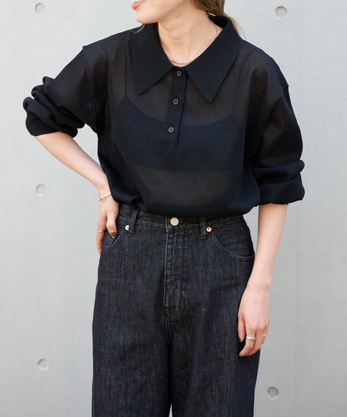 MEIAS◇ロングスリーブハイゲージニットポロ/L/ウール/BLU/21A-N003CW