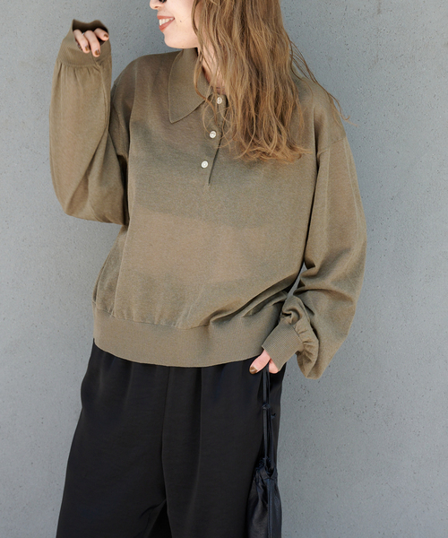 ハイゲージシアーロングスリーブニットポロシャツ（ニット