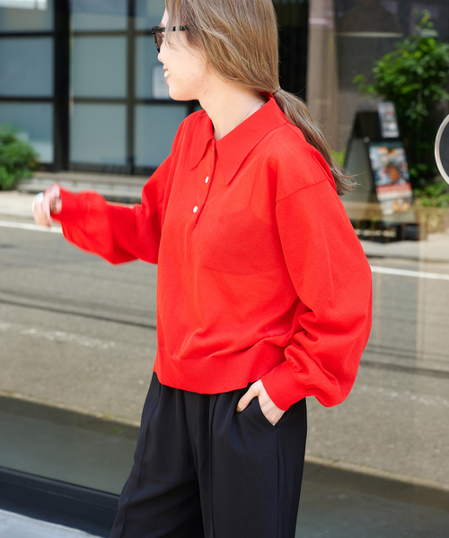 ハイゲージシアーロングスリーブニットポロシャツ（ニット/セーター