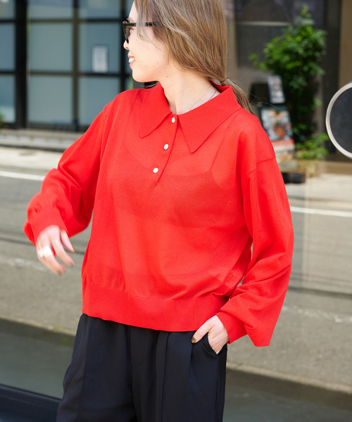 セール】ハイゲージシアーロングスリーブニットポロシャツ（ニット