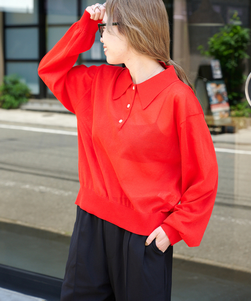 ハイゲージシアーロングスリーブニットポロシャツ（ニット/セーター