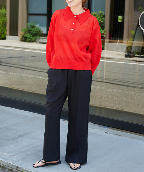 セール】ハイゲージシアーロングスリーブニットポロシャツ（ニット