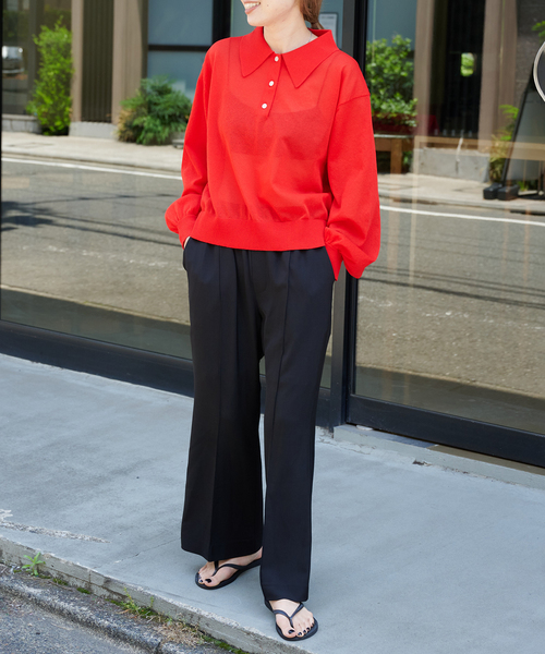 セール】ハイゲージシアーロングスリーブニットポロシャツ（ニット