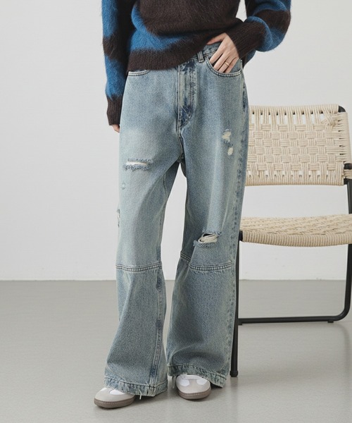 B:MING by BEAMS(ビーミングバイビームス)の「ダメージ デニムパンツ(S~M)(デニムパンツ・レディース・ライトブルー/ブラック・MEDIUM/SMALL)」の1枚目の写真