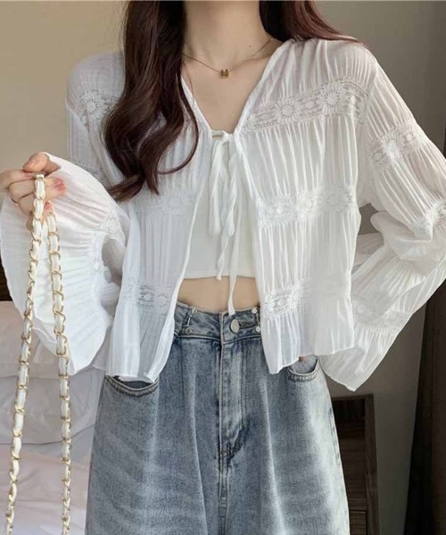 shoppinggo(ショッピングゴー)の「サマーカーディガン 透かし編み Vネックカーディガン(カーディガン/ボレロ・レディース・ブルー/ホワイト・M)」の8枚目の写真