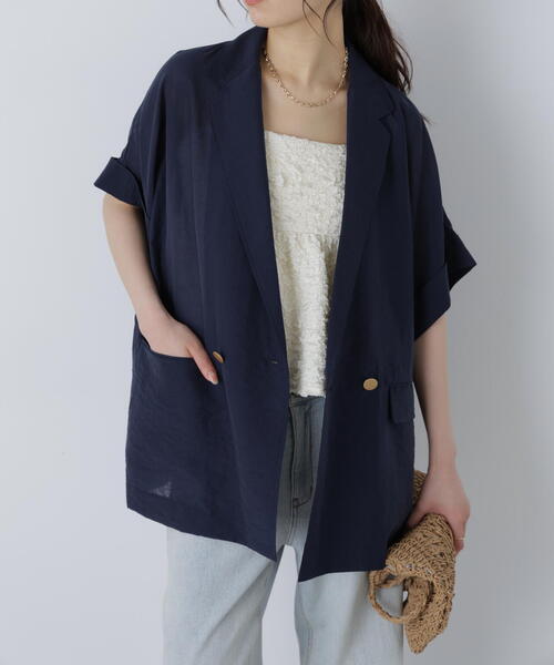 FREE'S MART(フリーズマート)の「〈MFM〉金ボタンシアー半袖シャツジャケット(テーラードジャケット・レディース・ベージュ/ネイビー・FREE)」の1枚目の写真