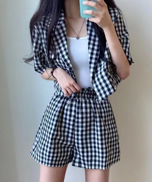 WEGO(ウィゴー)の「WEGO/【セットアップ】ギンガムチェックテーラージャケット/ショートパンツ(セットアップ・レディース・ブラック/ブラウン・MEDIUM/LARGE)」の10枚目の写真