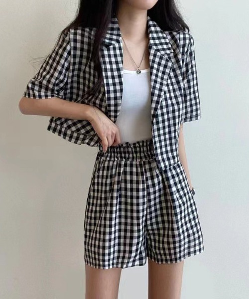 WEGO(ウィゴー)の「WEGO/【セットアップ】ギンガムチェックテーラージャケット/ショートパンツ(セットアップ・レディース・ブラック/ブラウン・MEDIUM/LARGE)」の12枚目の写真