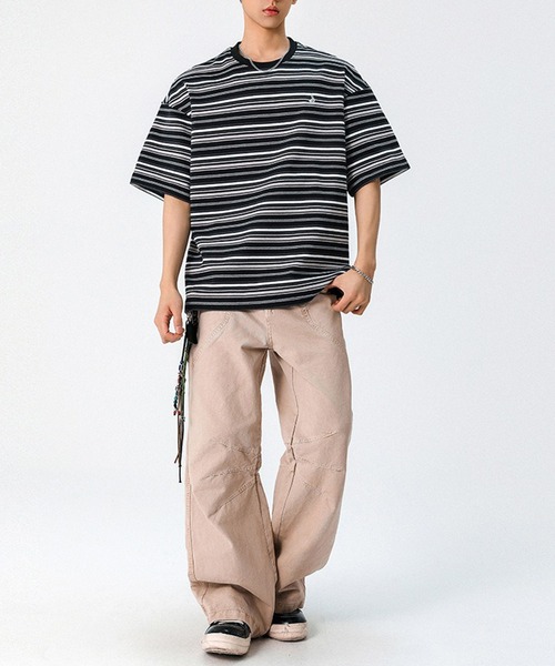 セール】【SETUP7】ワンポイント刺繍 ボーダーTシャツ オーバーサイズ