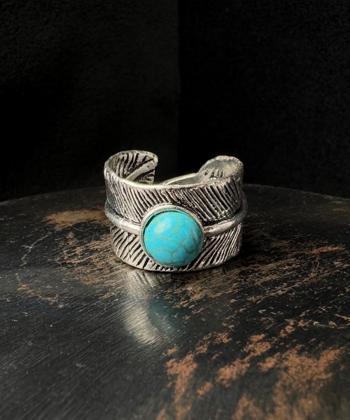 CALIFORNIA OUTFITTERS（カリフォルニア アウトフィッターズ）の「7D38 フェザーモチーフ×ターコイズリング サイズ調整可（リング・メンズ・シルバー系1/シルバー系3/シルバー系2・FREE）」の2枚目の写真