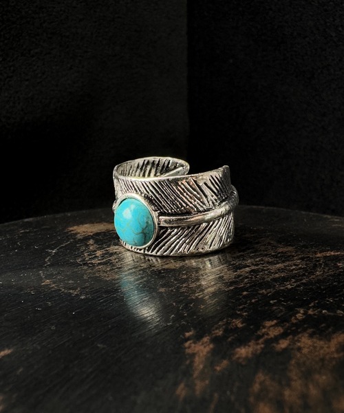 CALIFORNIA OUTFITTERS（カリフォルニア アウトフィッターズ）の「7D38 フェザーモチーフ×ターコイズリング サイズ調整可（リング・メンズ・シルバー系1/シルバー系3/シルバー系2・FREE）」の6枚目の写真