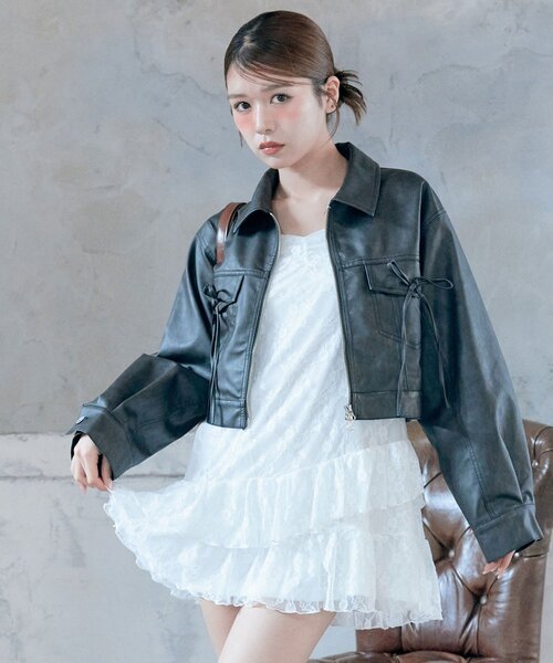 OLIVE des OLIVE(オリーブデオリーブ)の「ダブルリボンエコレザーブルゾン(ブルゾン・レディース・キャメル/ブラウン/ブラック・FREE)」の5枚目の写真