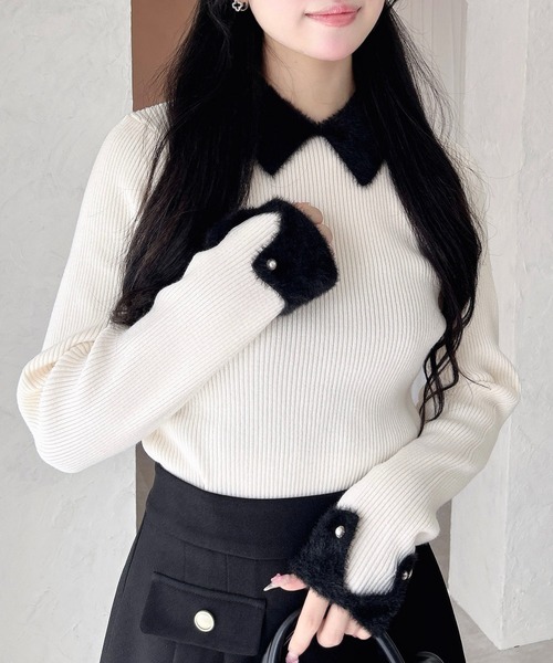 INGNI（イング）の「配色襟フェザーニット（ニット/セーター・レディース・ホワイト×ブラック/ブラック×ホワイト/グレー系8・M）」の2枚目の写真