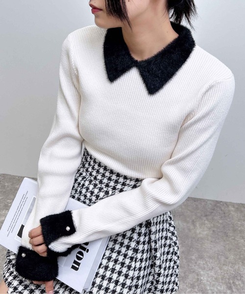 INGNI（イング）の「配色襟フェザーニット（ニット/セーター・レディース・ホワイト×ブラック/ブラック×ホワイト/グレー系8・M）」の5枚目の写真