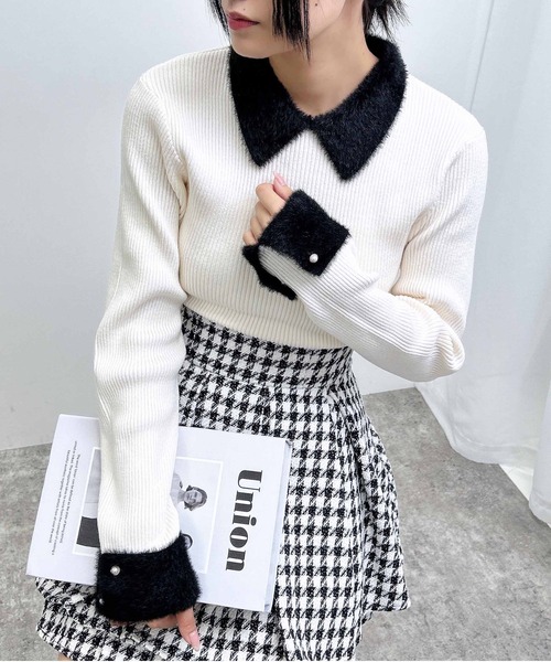 INGNI（イング）の「配色襟フェザーニット（ニット/セーター・レディース・ホワイト×ブラック/ブラック×ホワイト/グレー系8・M）」の4枚目の写真