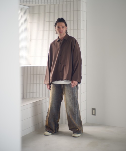 ADAM PATEK(アダムパテック)の「ADAMPATEK/velour dust wide pants/フロッキーデニムブラストワイドパンツ(デニムパンツ・メンズ・ブラック/ブラウン・1/2)」の2枚目の写真