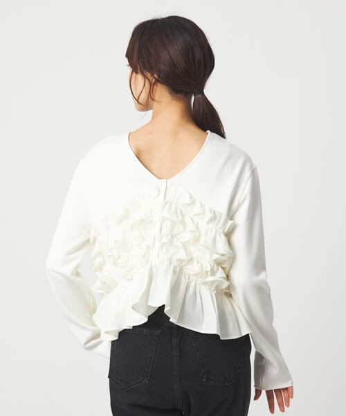 メ*】様 試着のみ美品【ラウラLaula フリルカーディガン】ホワイト セール】＜EMMEL REFINES＞EM ミニウラケ フリル 2WAY カーディガン