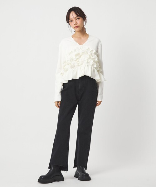 【美品】EMMEL REFINES フリル 2way カーディガン ブラック EMMEL REFINES＞EM ミニウラケ フリル 2WAY カーディガン