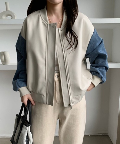 セール】デニム切替フェイクレザーブルゾン（ブルゾン）｜ABITOKYO