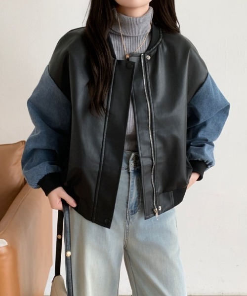 セール】デニム切替フェイクレザーブルゾン（ブルゾン）｜ABITOKYO