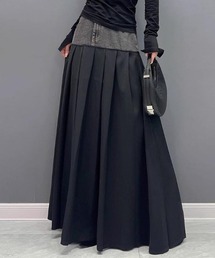 デニムレイヤードプリーツロングスカート