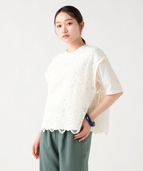 BEAMS HEART(ビームスハート)の「レースベスト セット 半袖 プルオーバー (セットアイテム)(Tシャツ/カットソー・レディース・オフホワイト/チャコールグレー/イエロー・FREE)」の2枚目の写真