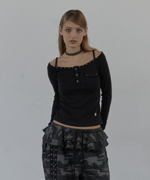 セール】33 STRIPE V-NECK TOP / BLACK（Tシャツ/カットソー）｜SETUP