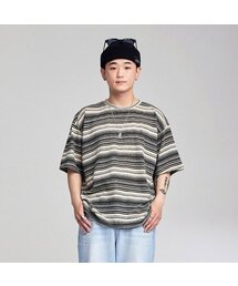 サマー ストライプ リネン 半袖Tシャツ (ブラック)