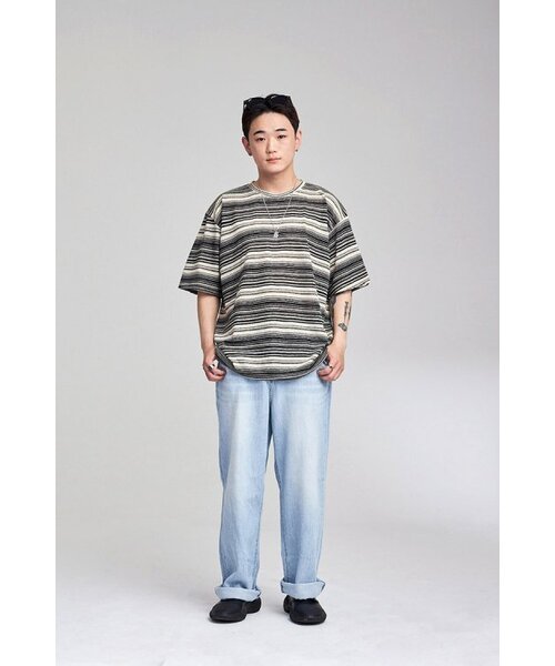 APOSTROPHE COMMA(アポストロフィコンマ)の「サマー ストライプ リネン 半袖Tシャツ (ブラック)(Tシャツ/カットソー・メンズ・ブラック・FREE)」の3枚目の写真