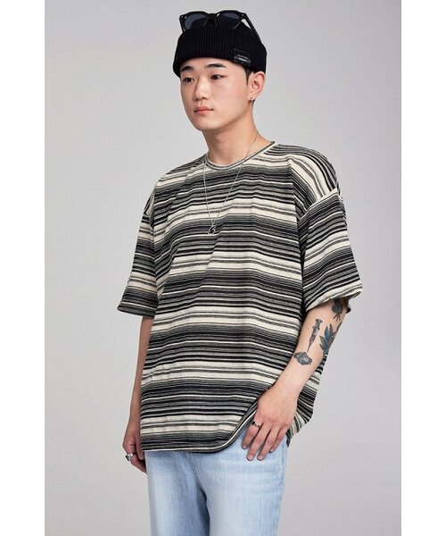 APOSTROPHE COMMA(アポストロフィコンマ)の「サマー ストライプ リネン 半袖Tシャツ (ブラック)(Tシャツ/カットソー・メンズ・ブラック・FREE)」の7枚目の写真