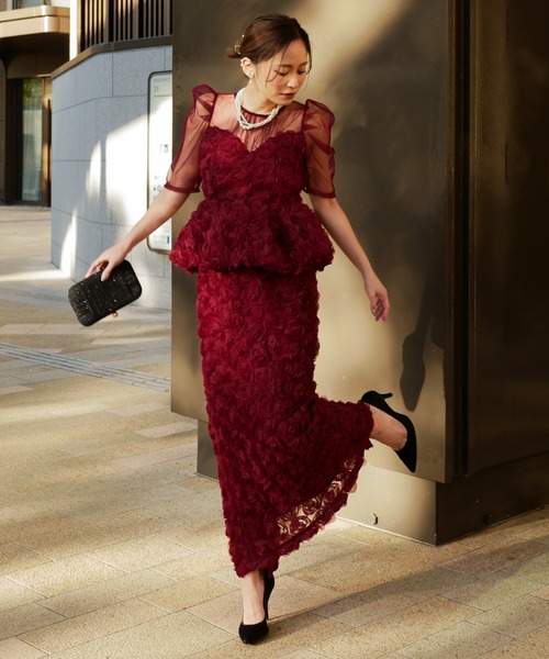 My shawty（ﾏｲｼｬｳﾃｨｰ）の「rose peplum set dress（ドレス・レディース・ブラック/レッド/アイボリー・FREE）」の3枚目の写真