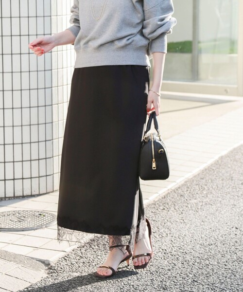 セール】ウォッシャブル裾レースサテンナロースカート（スカート