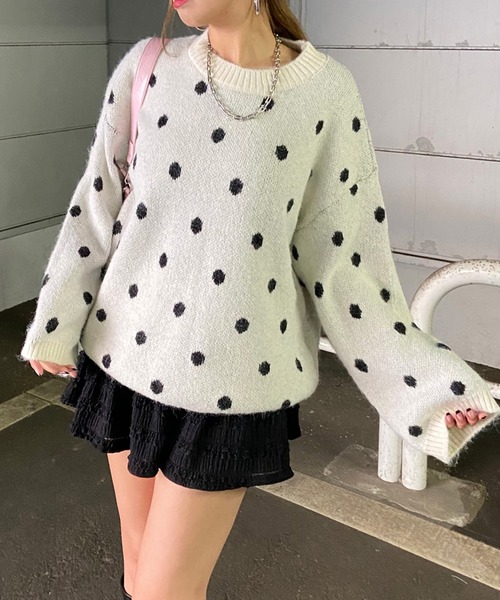 non-hedge（ノンヘッジ）の「ドット柄ニットトップス（ニット/セーター・レディース・グレー/オフホワイト/モカ・FREE）」の2枚目の写真