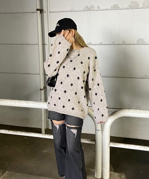 non-hedge（ノンヘッジ）の「ドット柄ニットトップス（ニット/セーター・レディース・グレー/オフホワイト/モカ・FREE）」の17枚目の写真