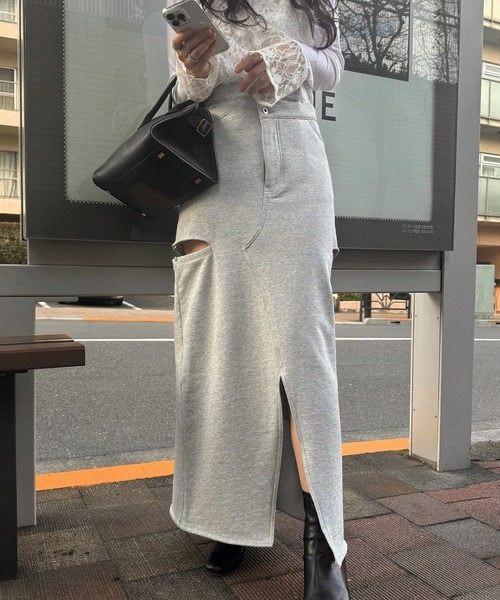 WILLFULLY（ウィルフリー）の「back bi color patchwork remake sweat SK（スカート・レディース・ヘザーグレー/ブラック・S/M）」の19枚目の写真