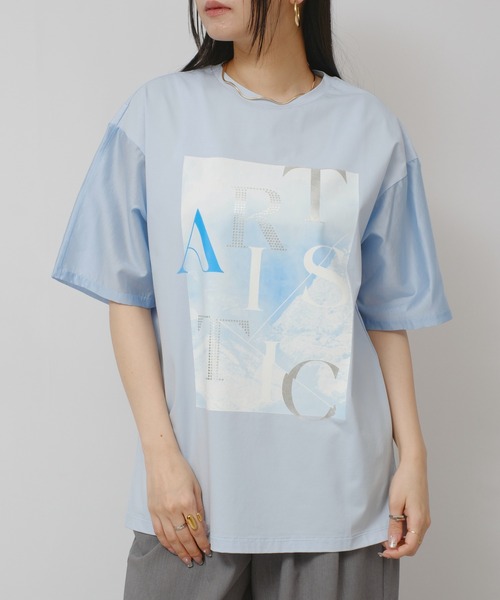 palm RICHE(ポームリシュ)の「異素材袖プリントT(Tシャツ/カットソー・レディース・サックスブルー/ブラック/オフホワイト・M)」の3枚目の写真